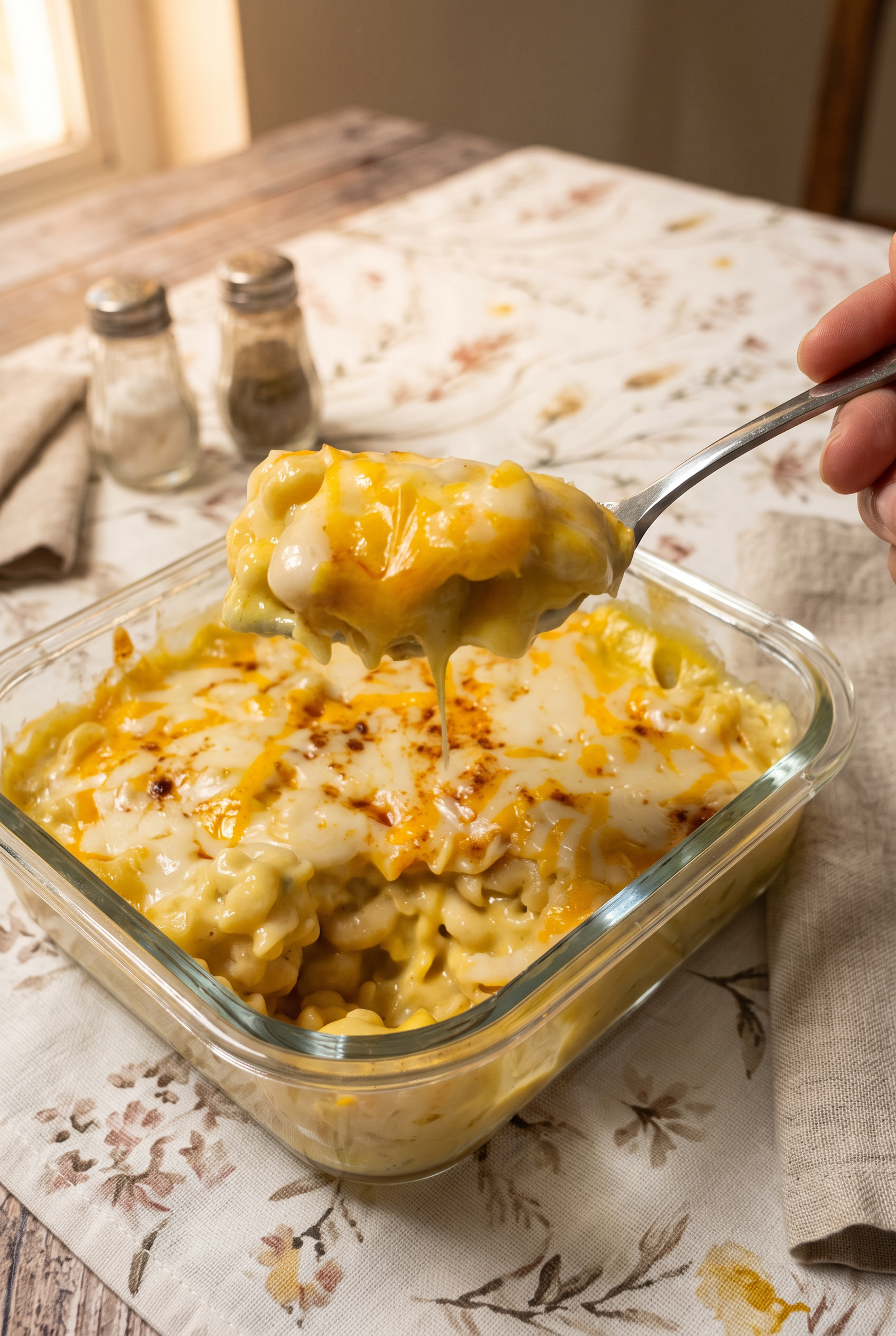 Creamy baked mac and cheese with melted cheese